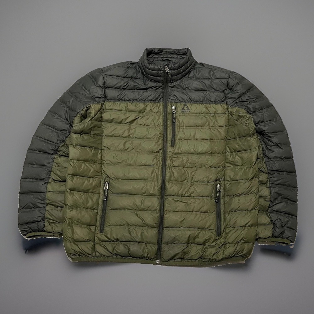 Gerry Mens Green Grey 650 Fill Power Mixed Media Packable Down Puffer Jacket 2XL